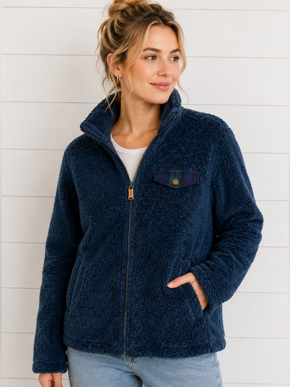 Pendleton Navy Teal Teddy Sherpa Zip Plaid Jacket Size L